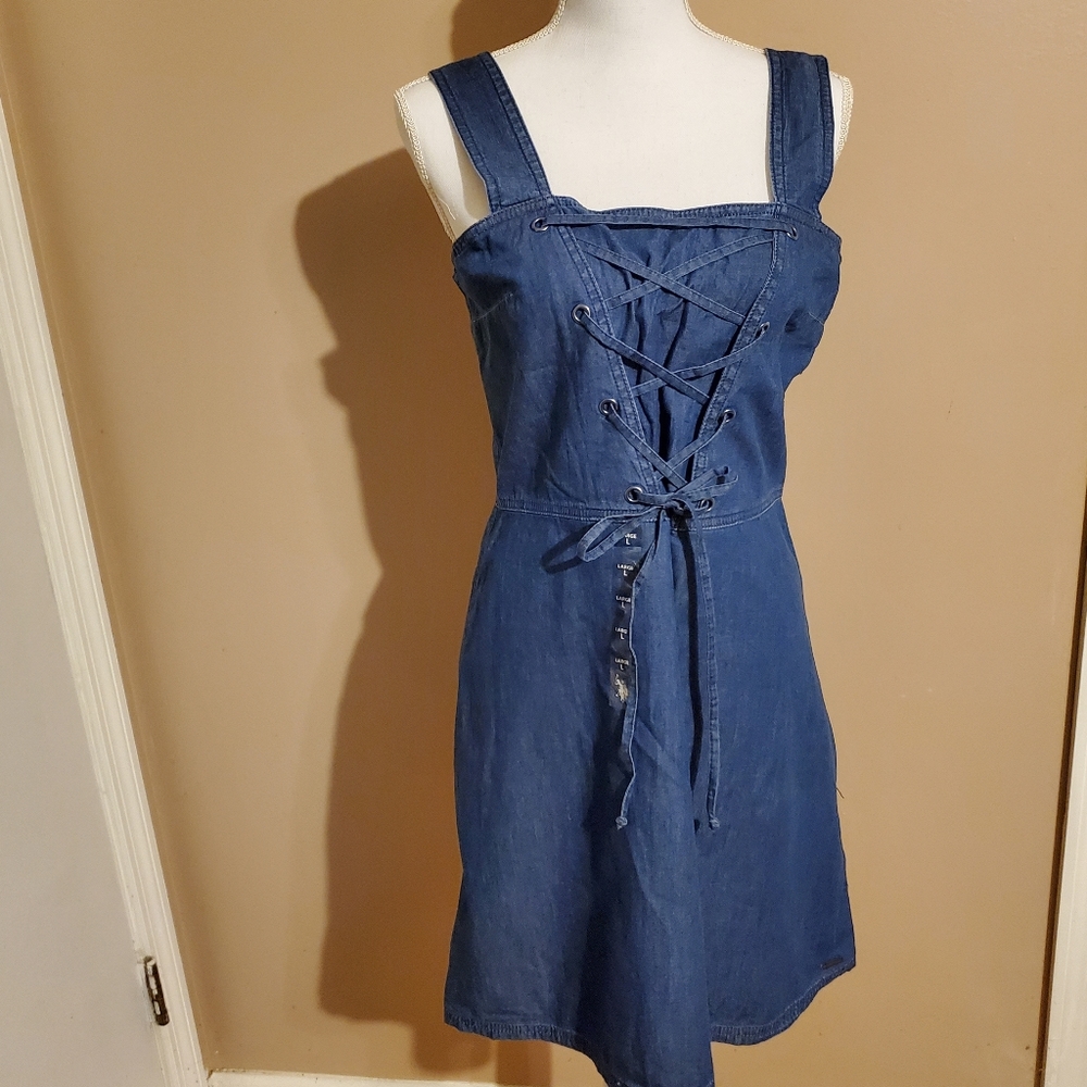 NEW Adorable Chambray Tie Bodice Sundress Sz L